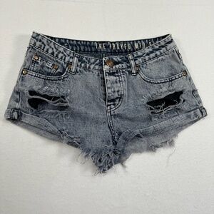 The Frayed Mid Rise Button Fly Jean Shorts Women SZ 4 Distressed Gray Wash Denim